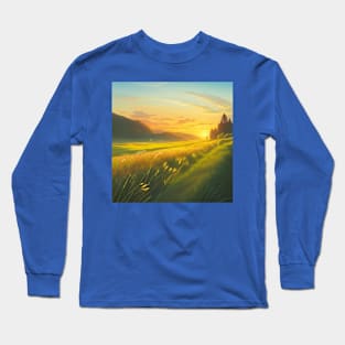 Lush, Sunlit Grassy Meadow at Dawn in Faerun Long Sleeve T-Shirt